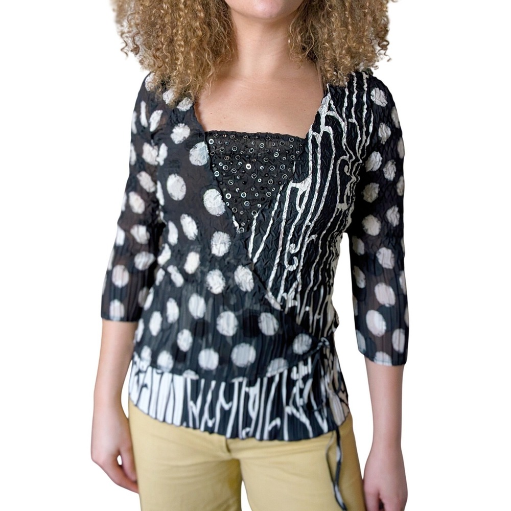 Vintage Y2K Whimsigoth Polka Dot Abstract Print Embellished Crinkle Wrap Blouse